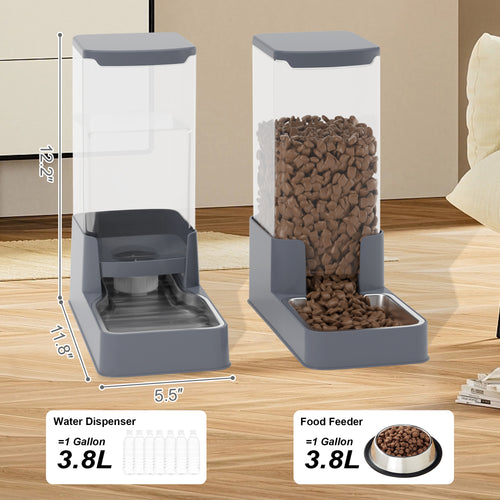Wefeedy Stainless Steel Cat Feeder and Water Dispenser,Gravity Waterer & Food Feeder Set with Stainless Steel,Large Capacity Pet Food Bowl for Small Medium Dog Pets Puppy Kitten(Grey,1 Gallon)