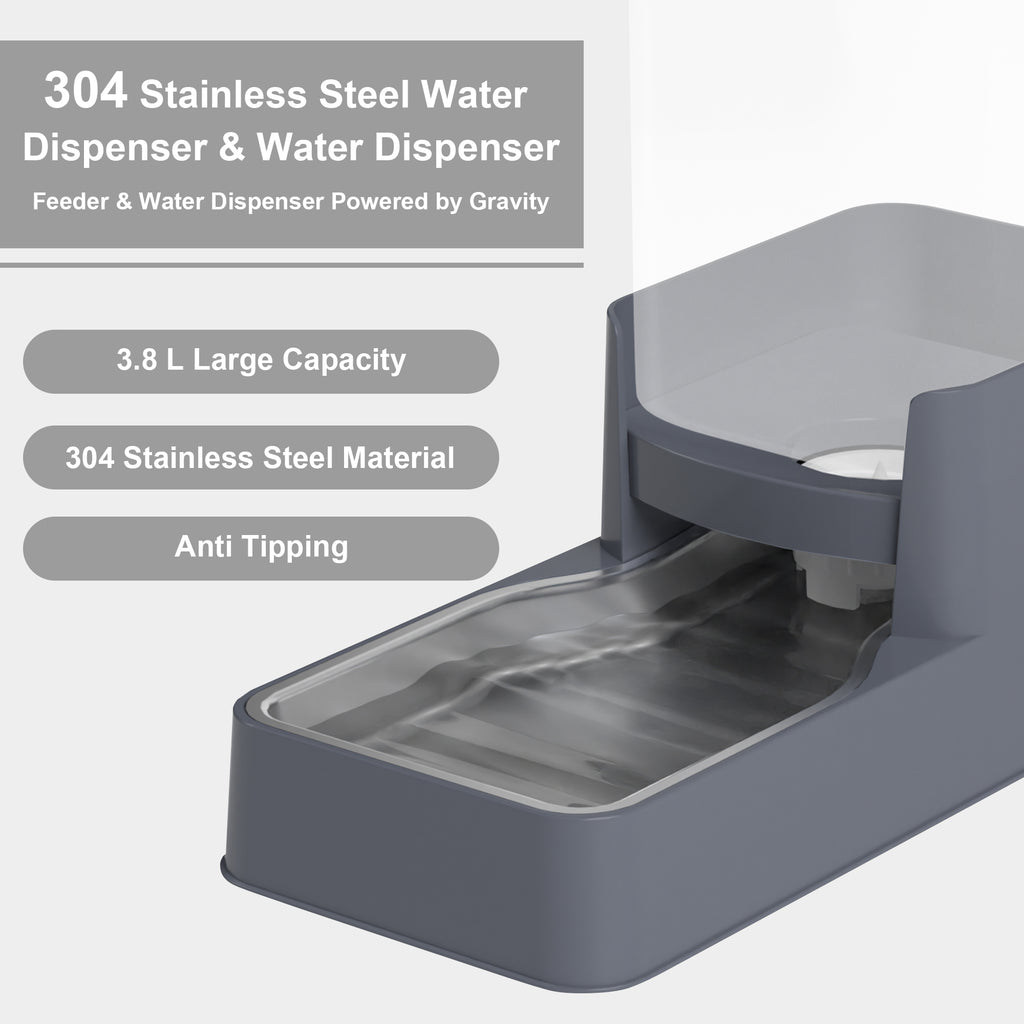 Wefeedy Stainless Steel Cat Feeder and Water Dispenser,Gravity Waterer & Food Feeder Set with Stainless Steel,Large Capacity Pet Food Bowl for Small Medium Dog Pets Puppy Kitten(Grey,1 Gallon)