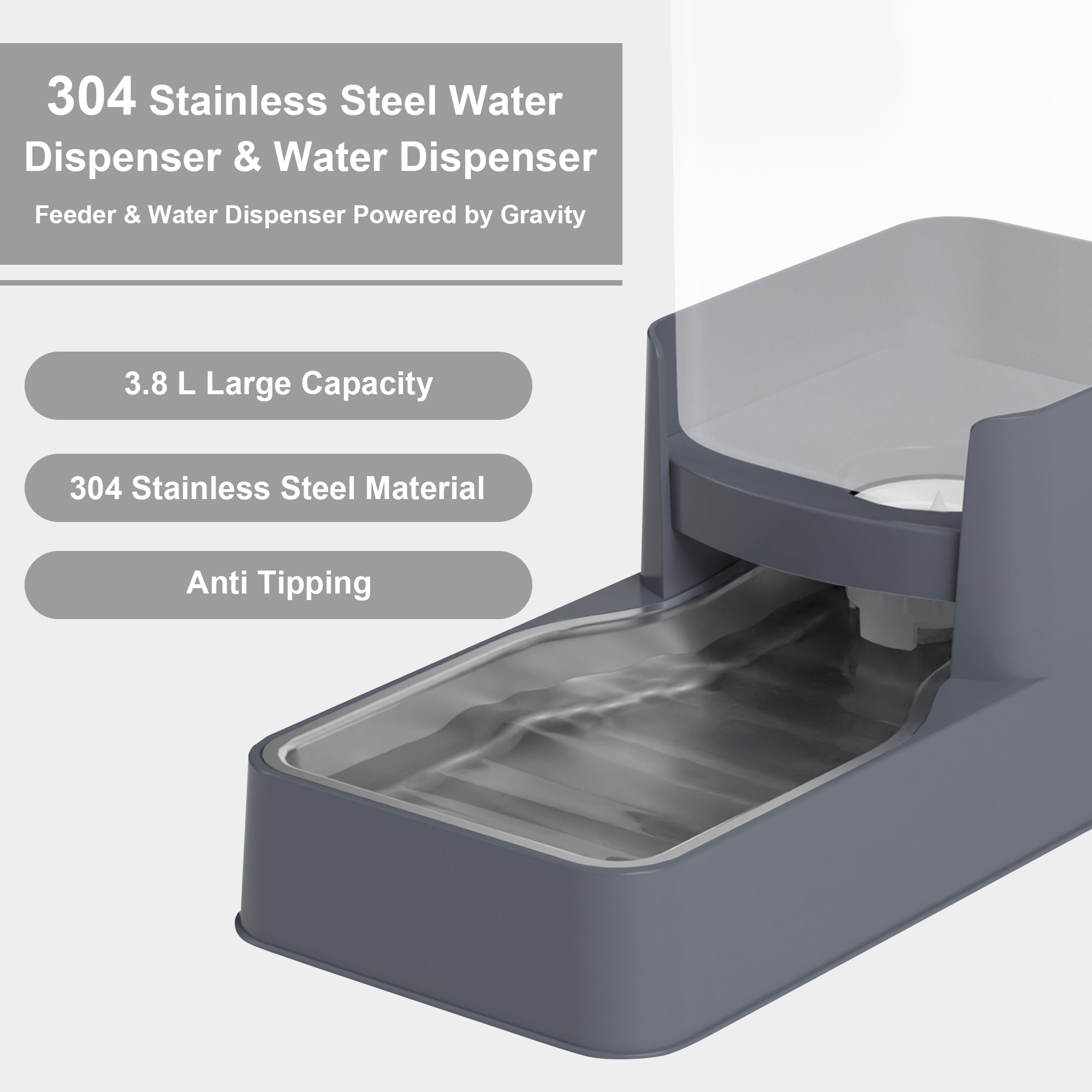 Wefeedy Stainless Steel Cat Feeder and Water Dispenser,Gravity Waterer & Food Feeder Set with Stainless Steel,Large Capacity Pet Food Bowl for Small Medium Dog Pets Puppy Kitten(Grey,1 Gallon)