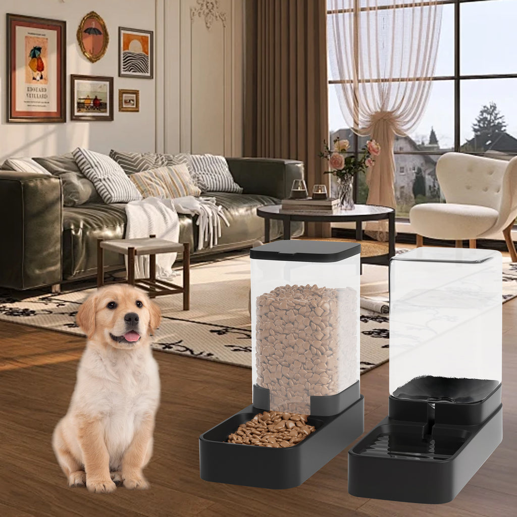 Wefeedy Automatic Cat Feeder and Water Dispenser in Set with Pet Food Bowl,Gravity Dog Waterer and Food Feeder for Small Medium Dog Cat Puppy Kitten Large Capacity(3.3L,Black)