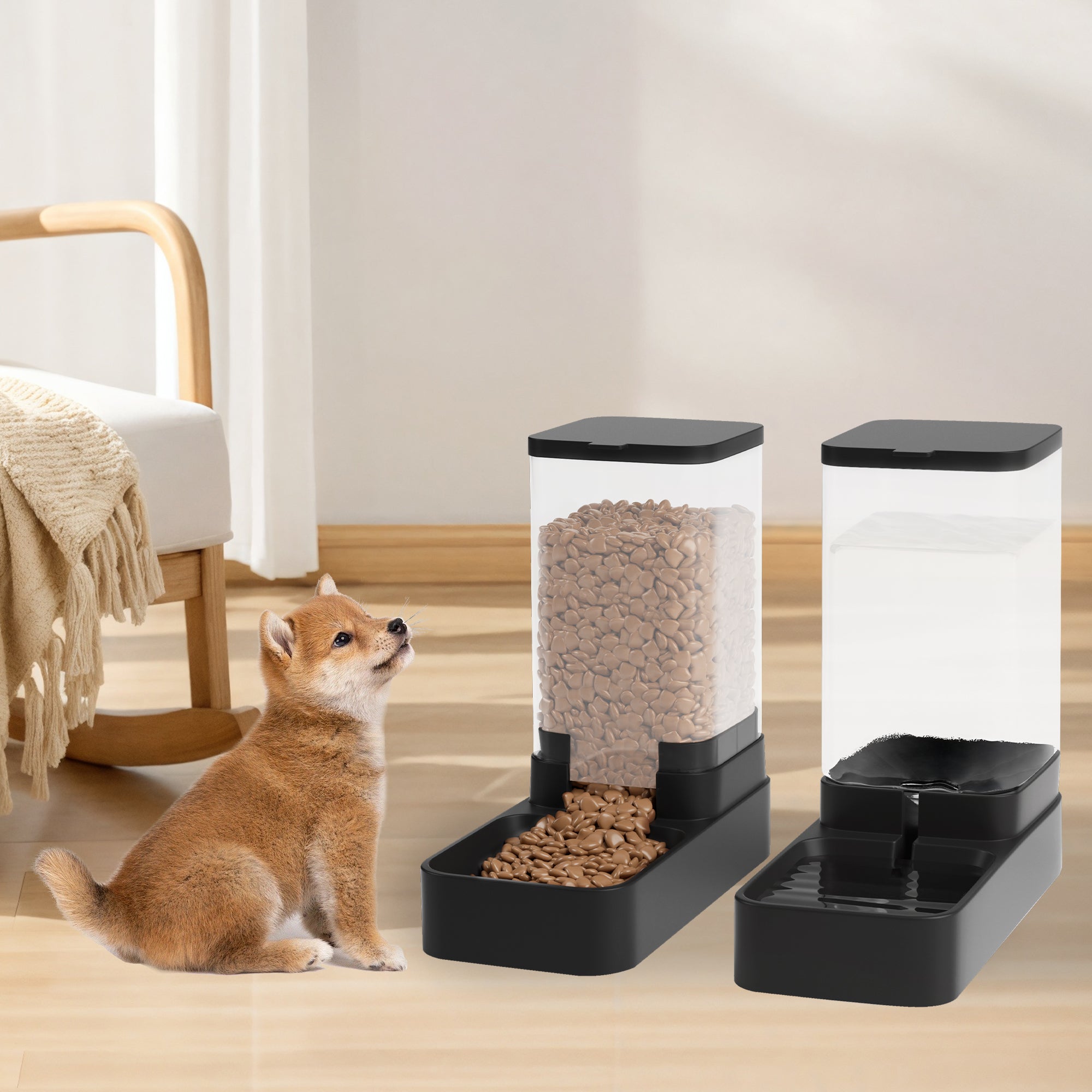 Wefeedy Automatic Cat Feeder and Water Dispenser in Set with Pet Food Bowl,Gravity Dog Waterer and Food Feeder for Small Medium Dog Cat Puppy Kitten Large Capacity(3.8L,Black)