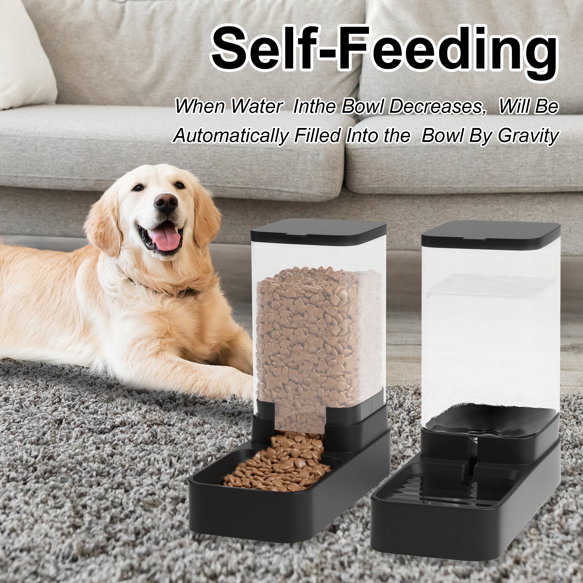 Wefeedy Automatic Cat Feeder and Water Dispenser in Set with Pet Food Bowl,Gravity Dog Waterer and Food Feeder for Small Medium Dog Cat Puppy Kitten Large Capacity(3.8L,Black)