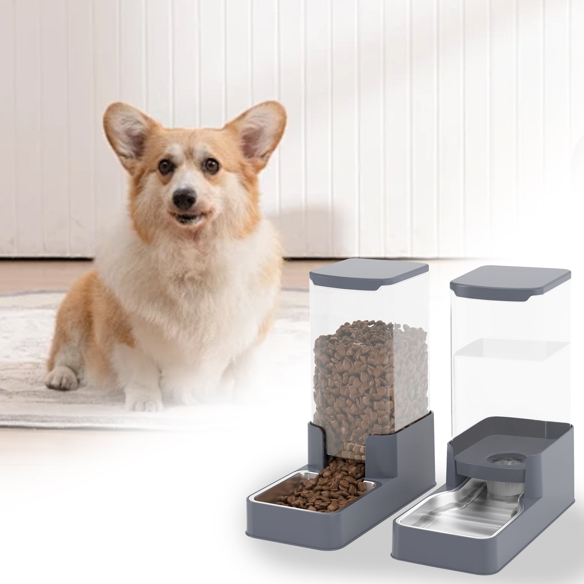 Wefeedy Stainless Steel Cat Feeder and Water Dispenser,Gravity Waterer & Food Feeder Set with Stainless Steel,Large Capacity Pet Food Bowl for Small Medium Dog Pets Puppy Kitten(Grey,1 Gallon)