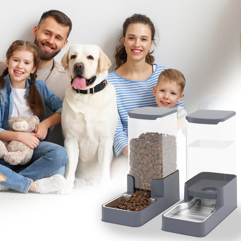 Wefeedy Stainless Steel Cat Feeder and Water Dispenser,Gravity Waterer & Food Feeder Set with Stainless Steel,Large Capacity Pet Food Bowl for Small Medium Dog Pets Puppy Kitten(Grey,1 Gallon)