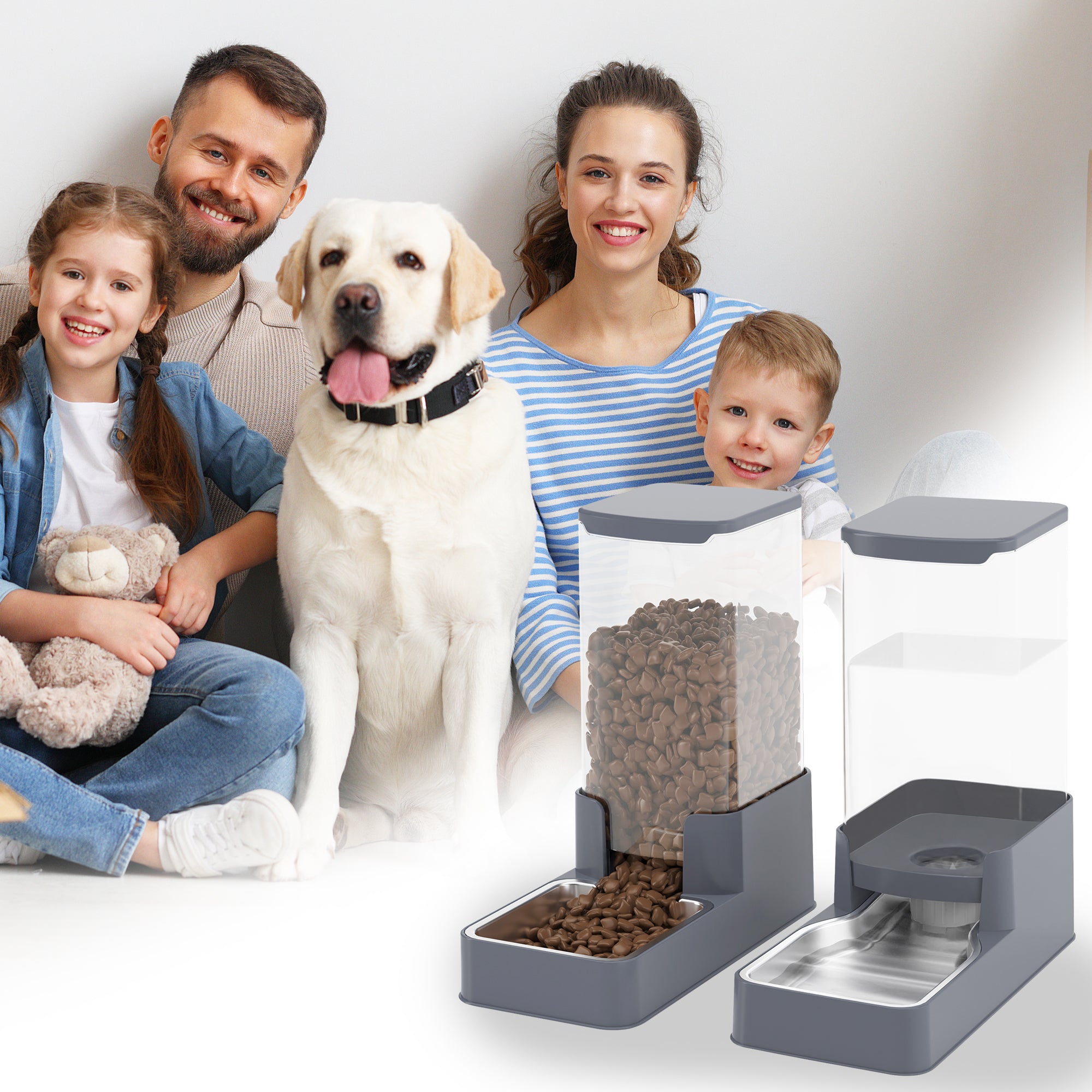 Wefeedy Stainless Steel Cat Feeder and Water Dispenser,Gravity Waterer & Food Feeder Set with Stainless Steel,Large Capacity Pet Food Bowl for Small Medium Dog Pets Puppy Kitten(Grey,1 Gallon)
